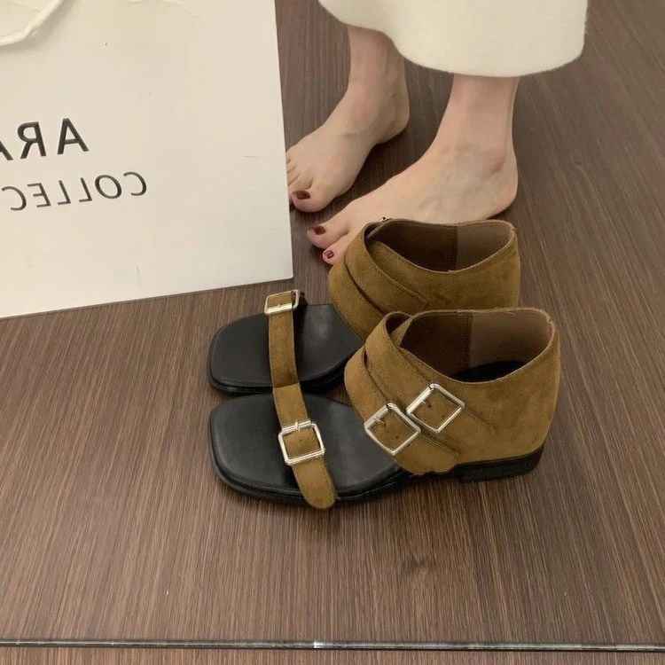 小众设计感皮带扣罗马凉鞋女2025新款增高美拉德复古短筒凉靴女