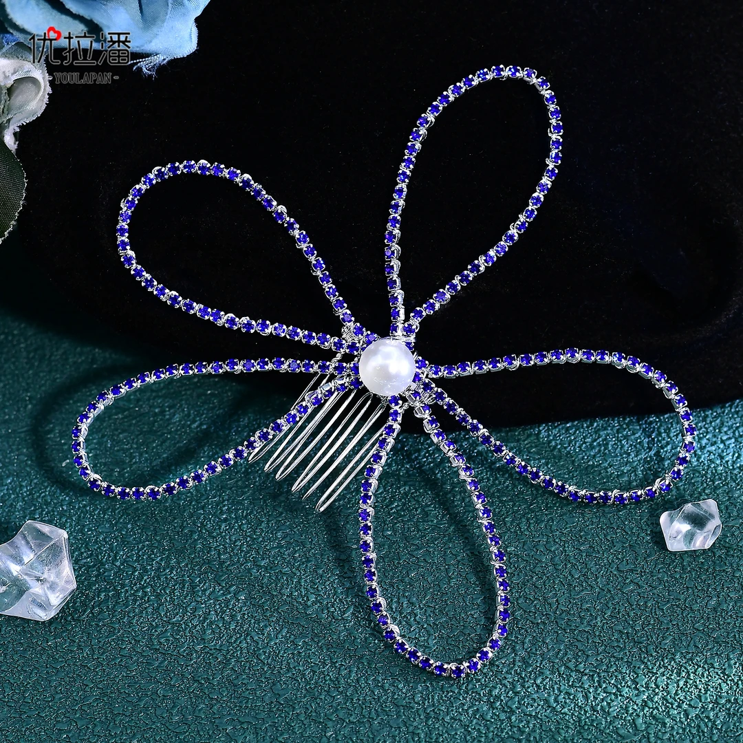 优拉潘蓝色秀禾头饰婚纱礼服超仙花朵发梳套装生日拍摄发饰HP367