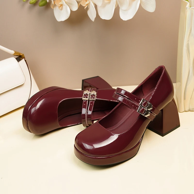 法式玛丽珍鞋高跟浅口新款单鞋女复古百搭酒红色女鞋漆皮圆头春季