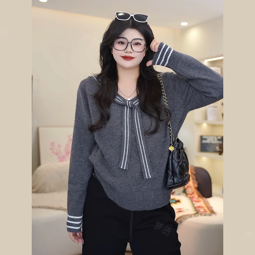 梦丞-显瘦遮肉冬季大码女装时尚百搭海军领休闲针织宽松长袖上衣