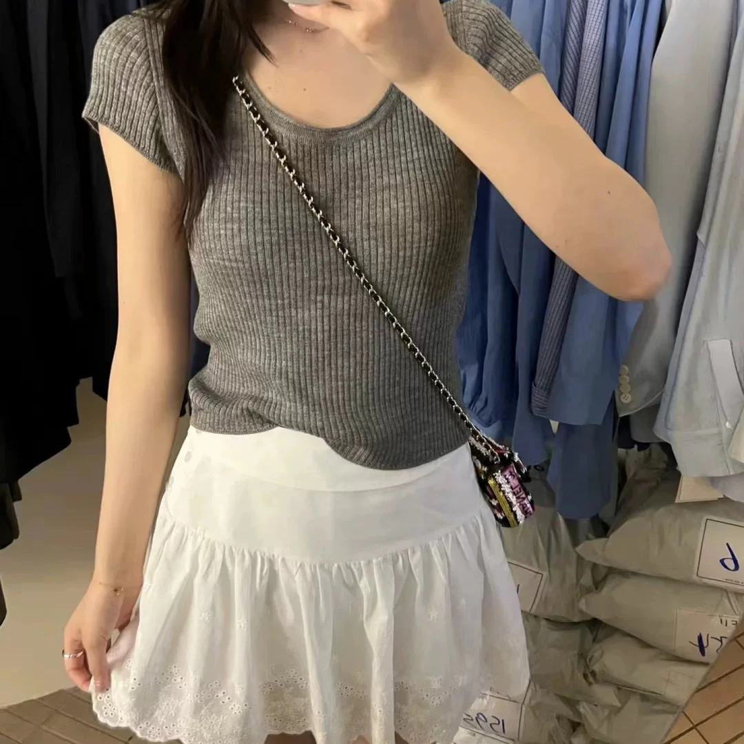韩系简约U领短袖针织上衣女夏季飞飞袖小众时尚修身显瘦百搭