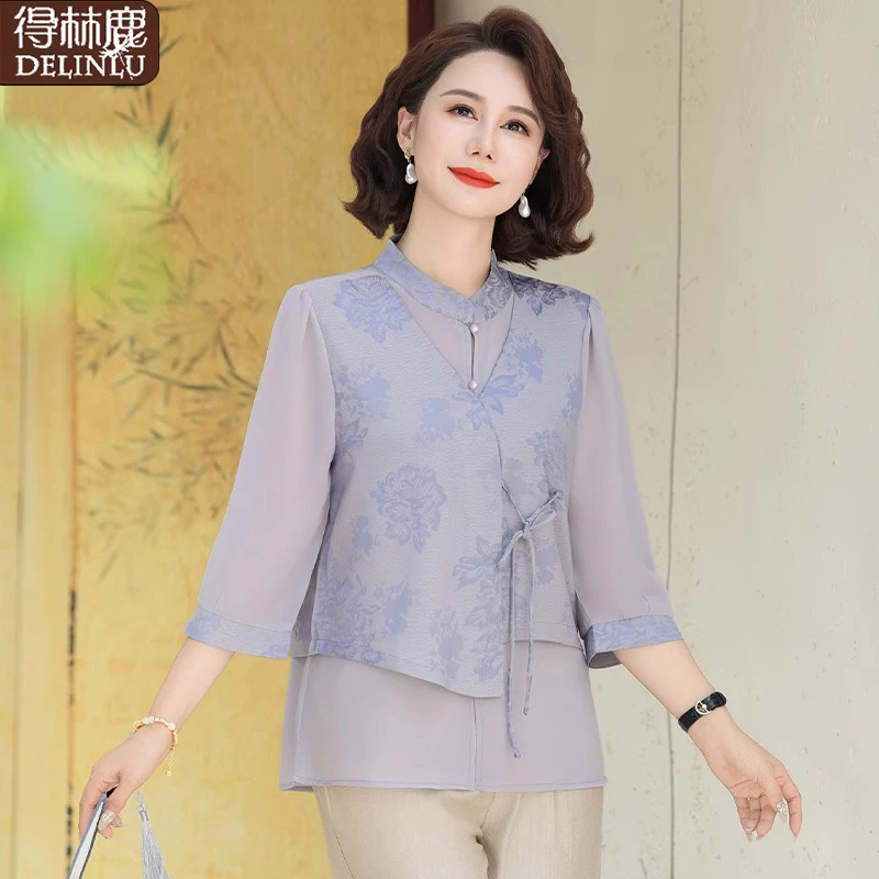 新中式妈妈夏装套装2025新款中老年春夏七分袖雪纺小衫气质上衣女
