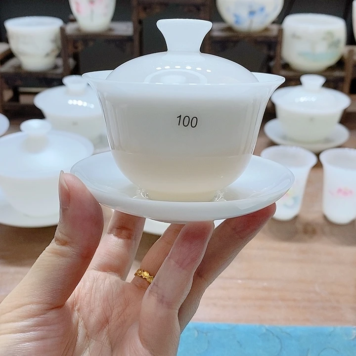 高端冰种玉瓷盖碗茶杯