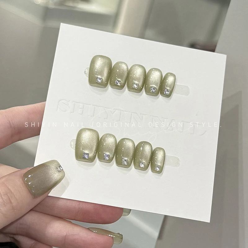 A361青提绿光波猫眼时音纯手工穿戴甲夏日清透美甲显白可拆卸甲片