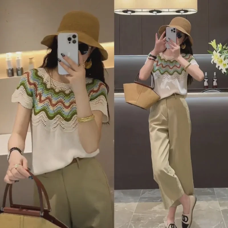 夏季彩虹波浪条纹镂空针织短袖上衣女2025新款百搭显瘦直筒休闲裤