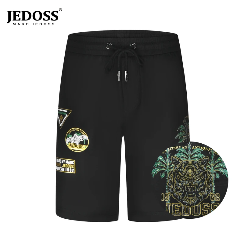 JEDOSS/爵迪斯2025新款潮流椰林虎头透气烫钻宽松休闲牛仔中裤潮