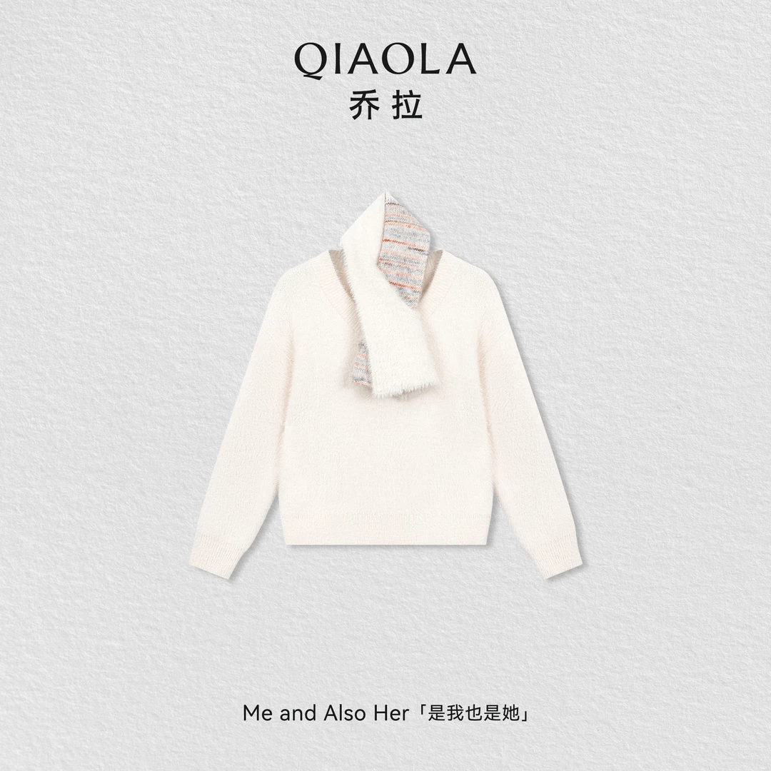 QIAOLA/乔拉【阳光小栈】秋冬季V领仿水貂毛毛衣开衫撞色条纹围巾