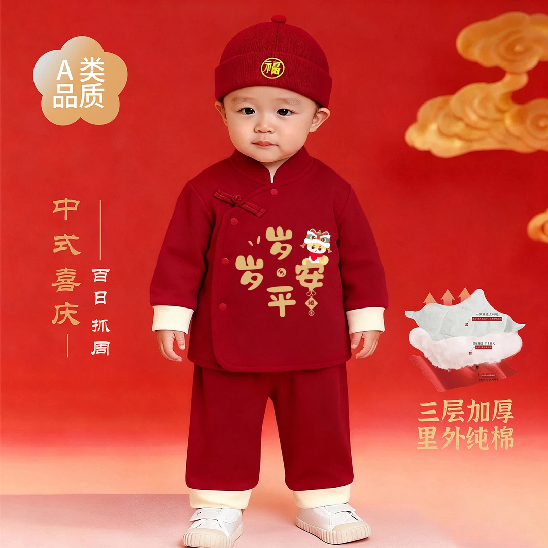 周岁宝宝服装夹棉服保暖婴儿拜年过年服秋冬季抓周分体套装生日宴