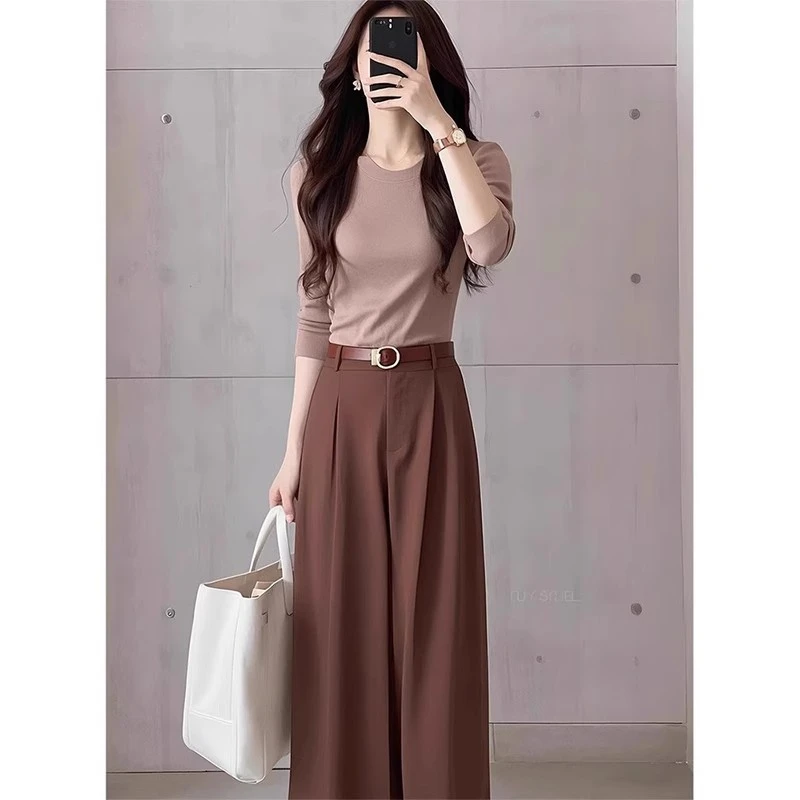 单件/夏季穿搭时尚盐系轻熟小香风咖色上衣搭配直筒阔腿裤潮女装