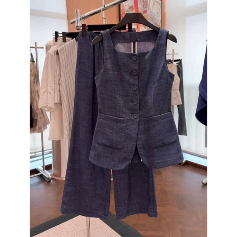 夏盐系轻熟套装高级感小个子减龄今年流行又a又飒亚麻上衣套装裤