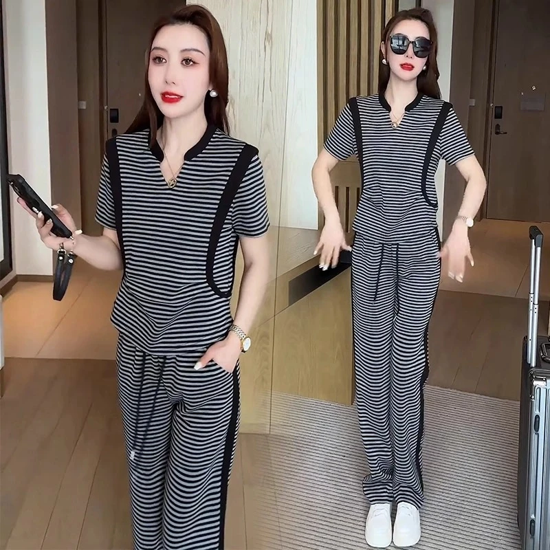 休闲运动套装女士2025夏季新款洋气显瘦条纹短袖阔腿裤减龄两件套