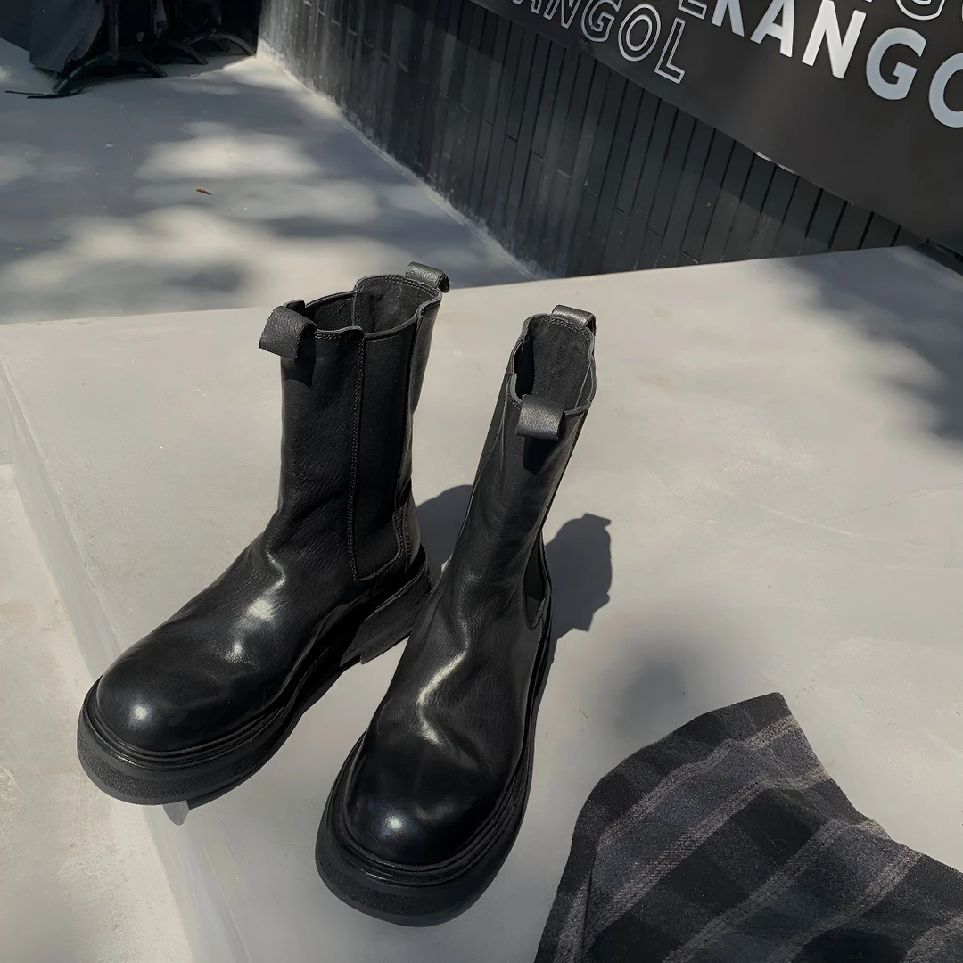 【葡萄妈同款】缩纹真皮整鞋水洗厚底中筒烟筒切尔西短靴女秋冬新款