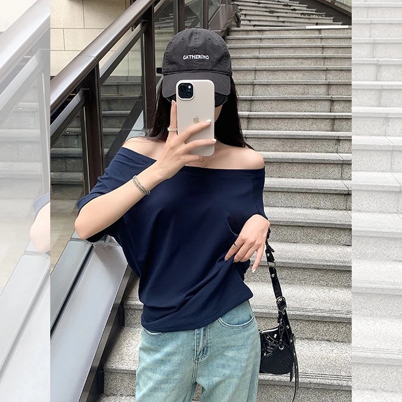 甜美chic辣妹露肩短袖t恤女夏季独特性感一字斜领上衣显身材体恤