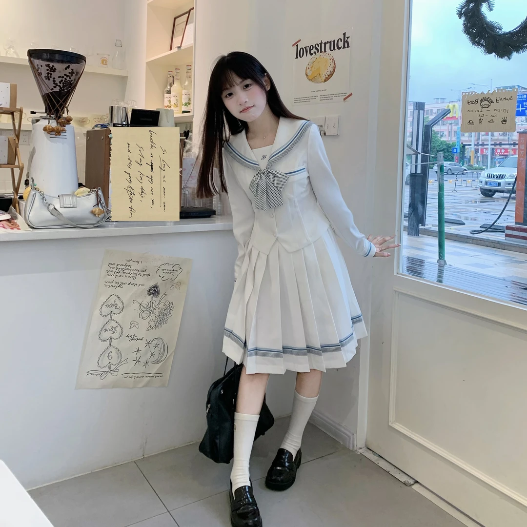 lulu春秋长袖小栀水手服学生学院风两件套中裙短裙JK制服套装女秋