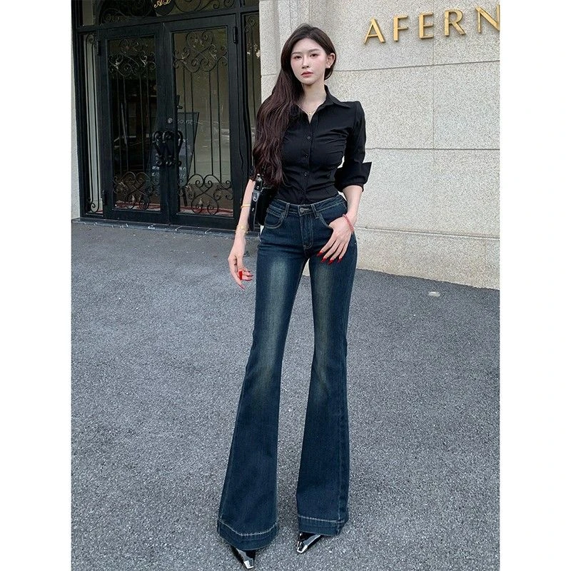 中低腰弹力微喇牛仔裤女2025秋季新款修身显瘦蓝灰百搭拖地长裤