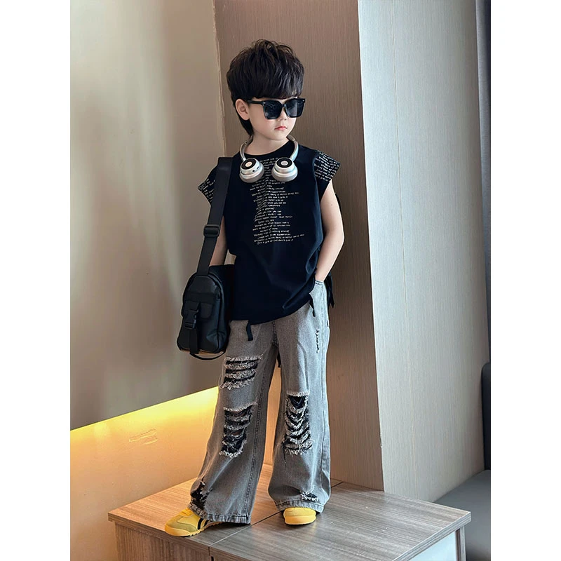 美式酷帅破洞牛仔裤男童夏季薄款2025韩版潮流高街港风宽松直筒裤