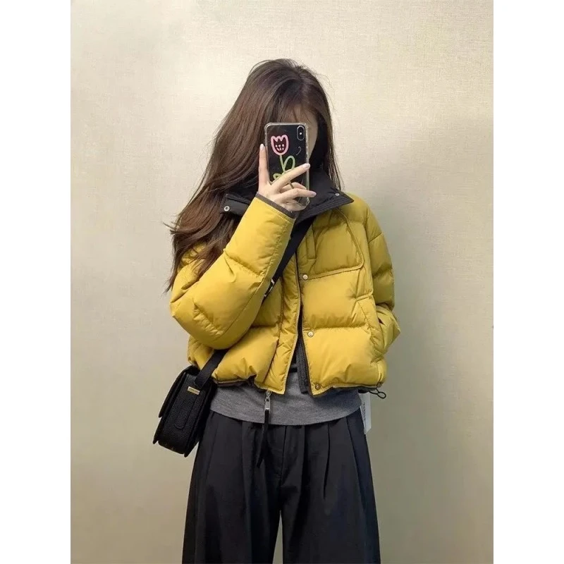 新款巨好看的黄色撞色棉服女冬小个子韩系短款面包服厚外套棉袄