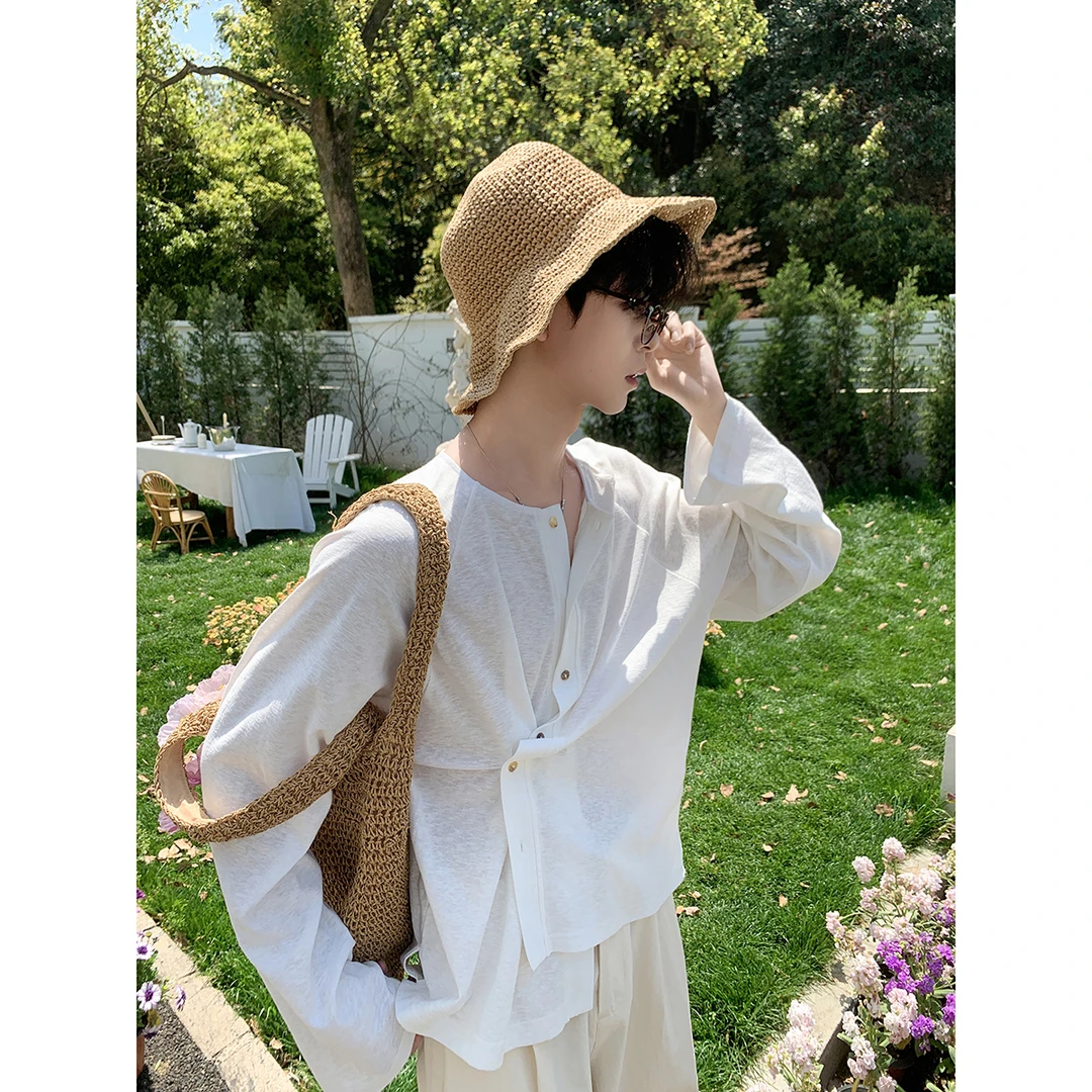 白口阳【心动恋人】薄款设计感开衫长袖不规则扭结T恤上衣男女C567