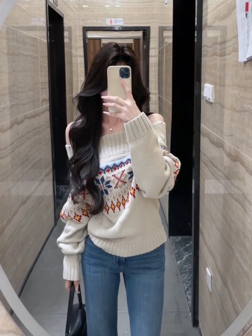 复古费尔岛一字肩杏色提花毛衣女秋冬软糯奶fufu宽松慵懒针织上衣