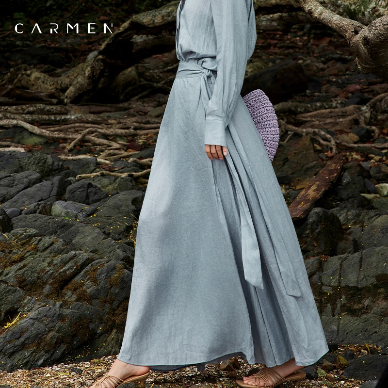 Carmen卡蔓高端大牌高腰亚麻半身裙女设计感显瘦气质长款伞裙