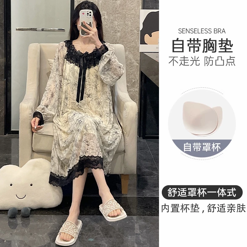 睡衣女夏季睡裙网纱带胸垫宫廷风长袖2025新款可外穿冬时尚家居服