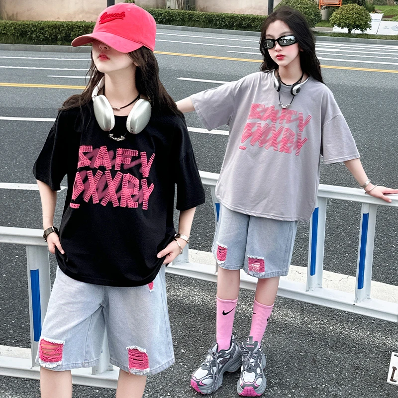 女童夏季短袖短裤套装2025新款儿童洋气韩版宽松休闲两件套中大童