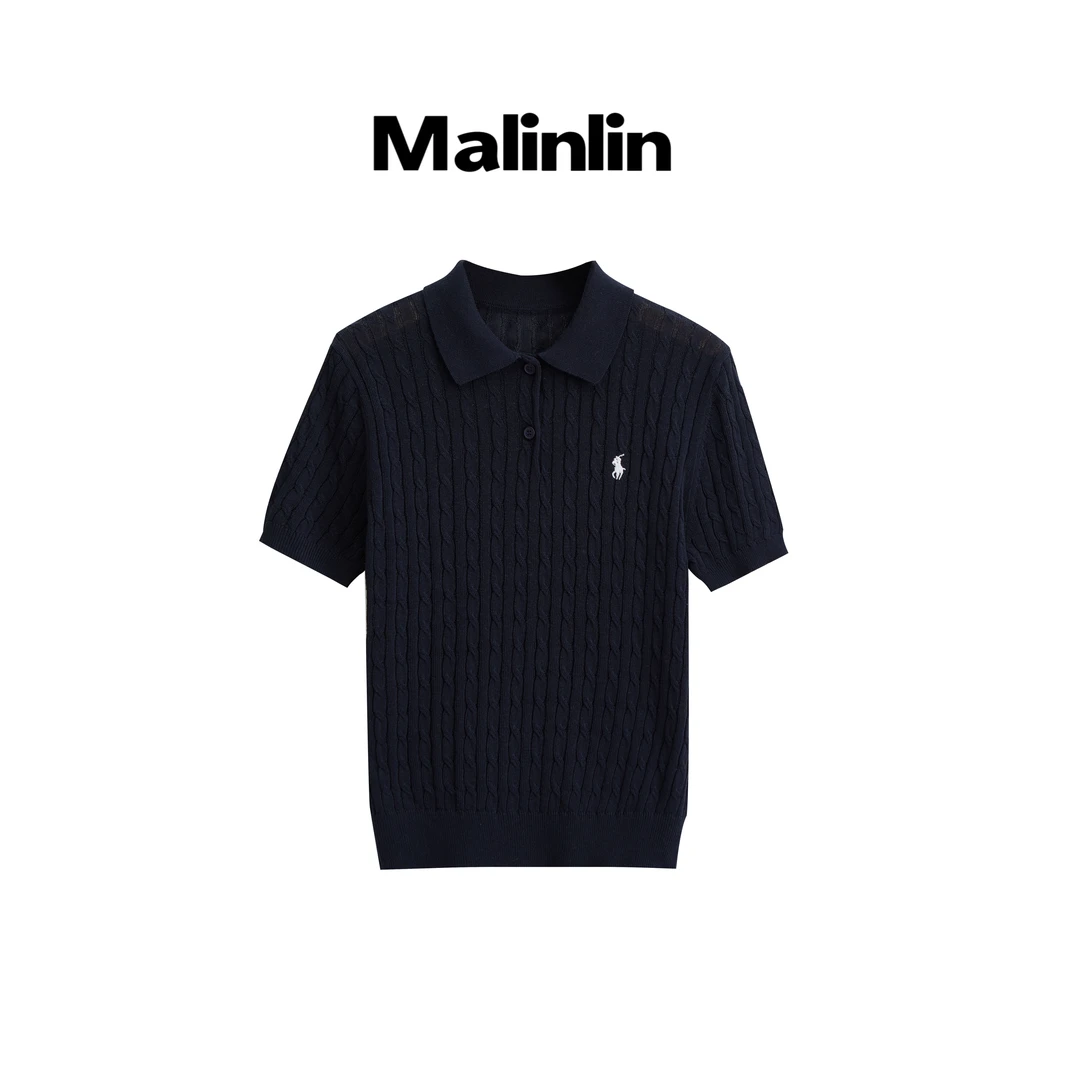 Malinlin 短袖polo针织衫女夏季新款翻领绞花针织T恤女式上衣3618