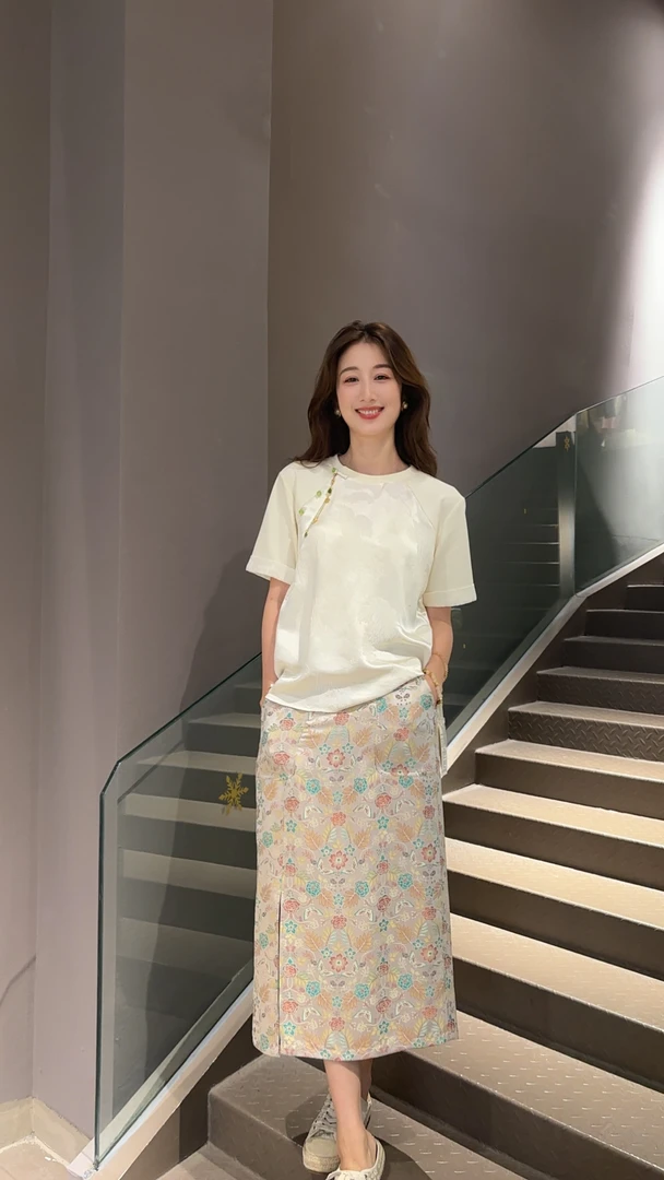 《ELFBOX》时尚中国风百搭复古宽松圆领中式气质提花短袖0178