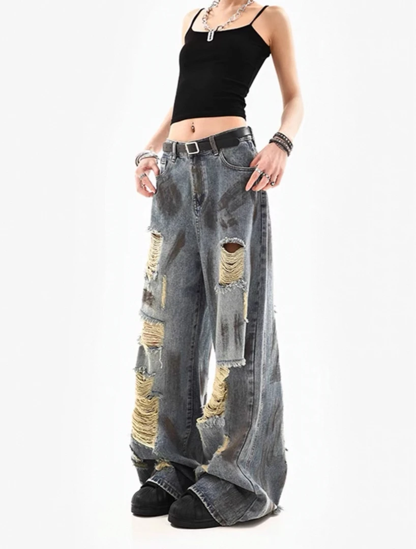 【三金】破洞复古竹节纹破洞牛仔裤水洗宽松垃圾摇滚风522580裤子