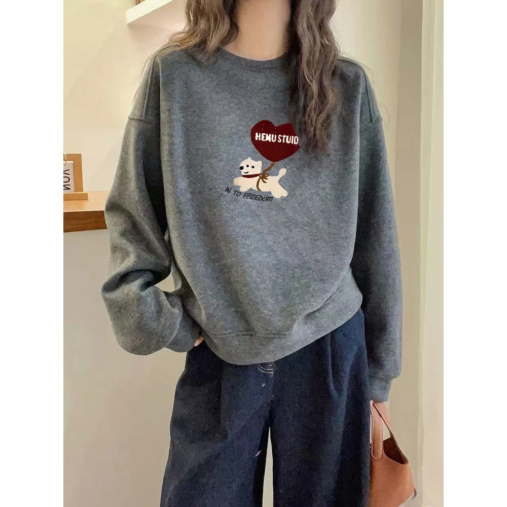 高级灰圆领套头宽松印花卫衣女秋冬加厚休闲设计感薄款上衣外套潮