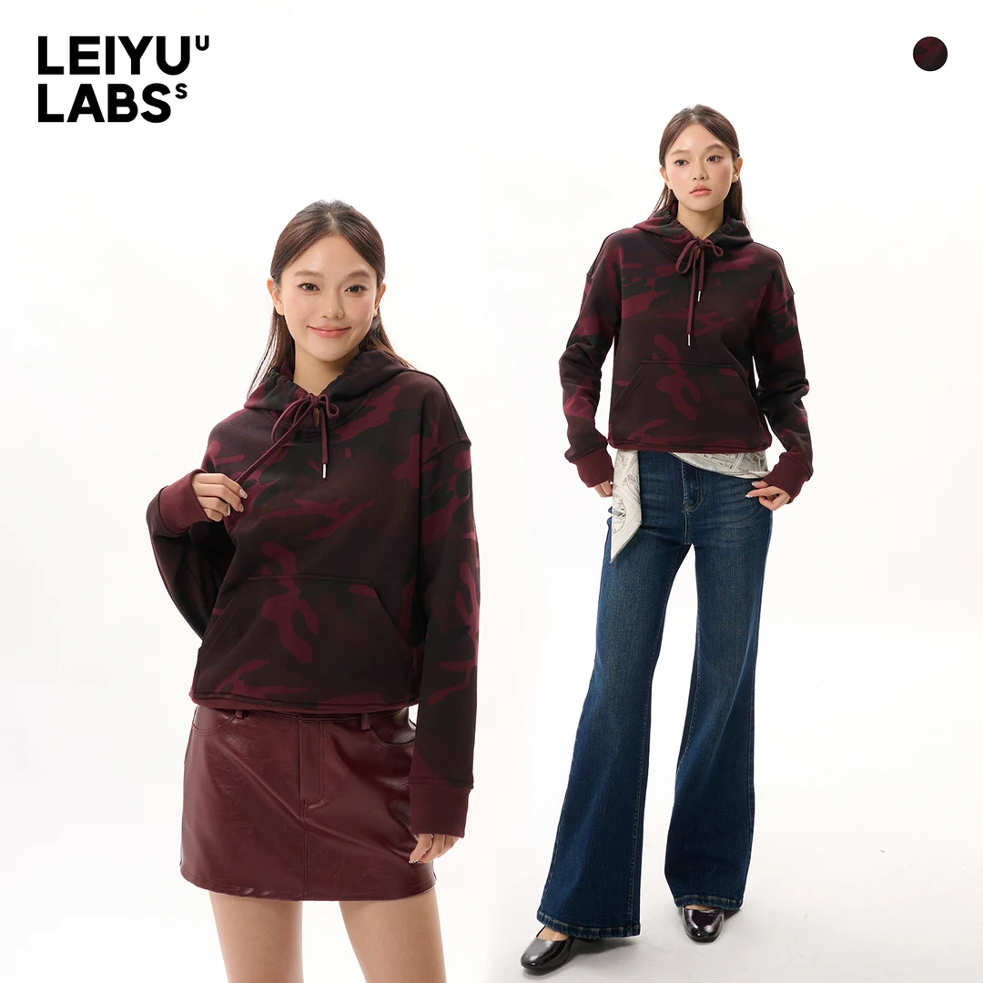 LEIYU LABS酒红色宽松休闲连帽卫衣女冬2025年新款迷彩落肩袖上衣