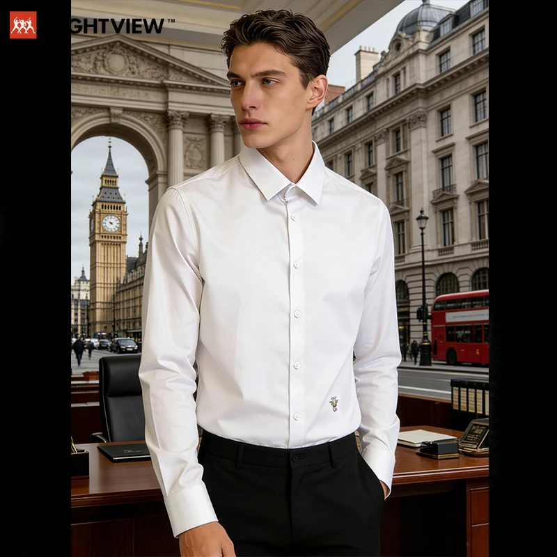 RightView刺绣纽扣男长袖抗皱免烫男士衬衫四季男士商务白衬衣
