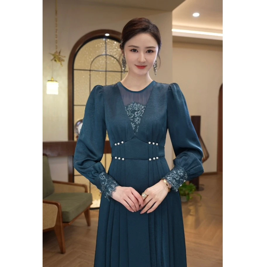 现货2026春秋新款【ZM-615】气质时尚高级感轻奢蓝色长袖连衣裙子女