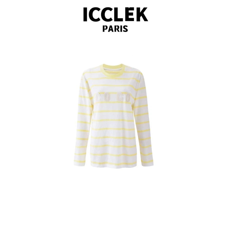 ICCLEK 黄色条纹撞色圆领长袖T恤休闲百搭通勤宽松显瘦上衣 -5207