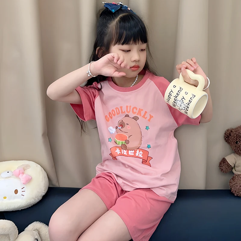 软萌卡皮睡衣夏季儿童纯棉套头2025新款夏天中大女童家居服套装薄