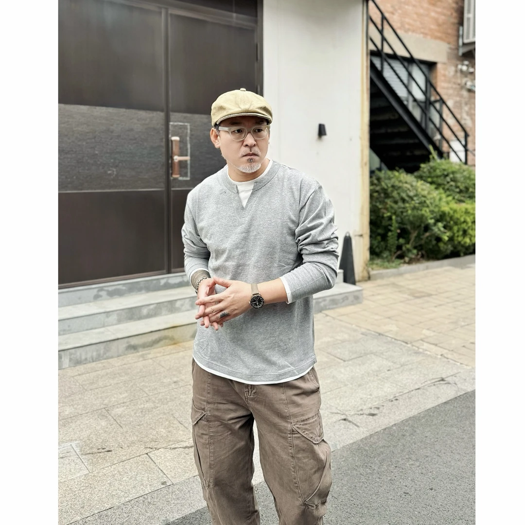 阿美咔叽复古水洗做旧基础百搭打底长袖T恤2518