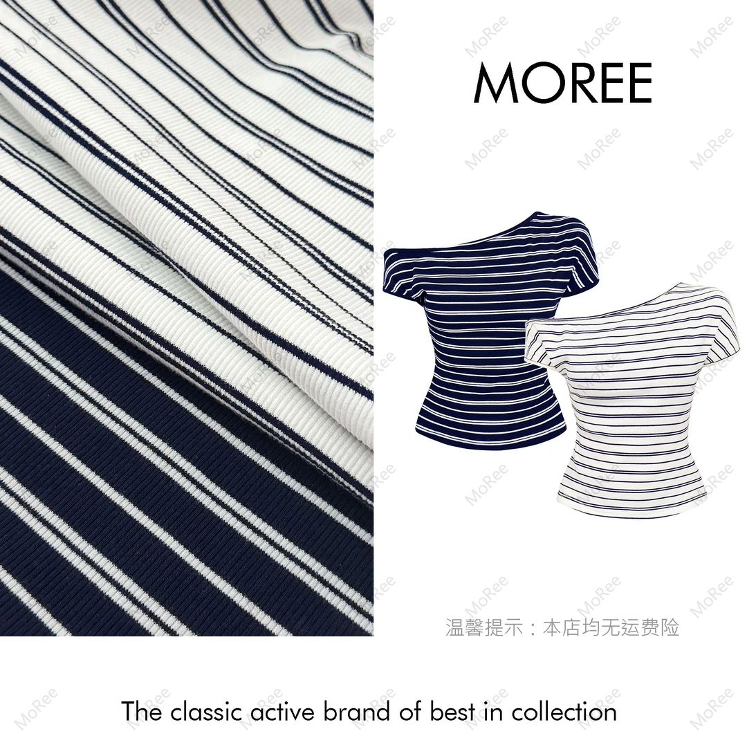 【MOREE】déclaré 斜肩设计感条纹T恤上衣-60031