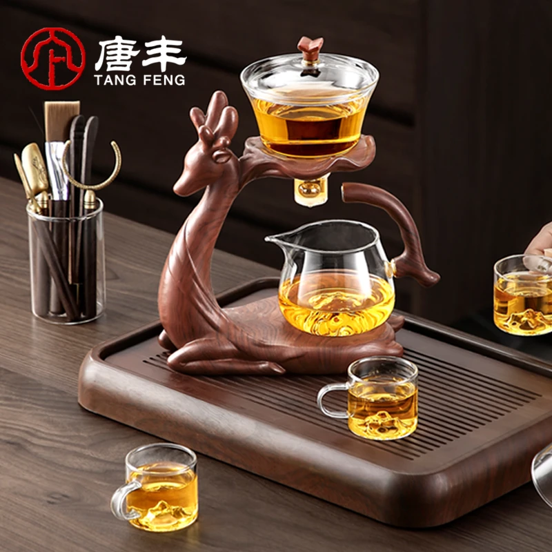 唐丰玻璃福禄连连鹿自动茶具家用办公磁吸茶水分离壶懒人泡茶神器