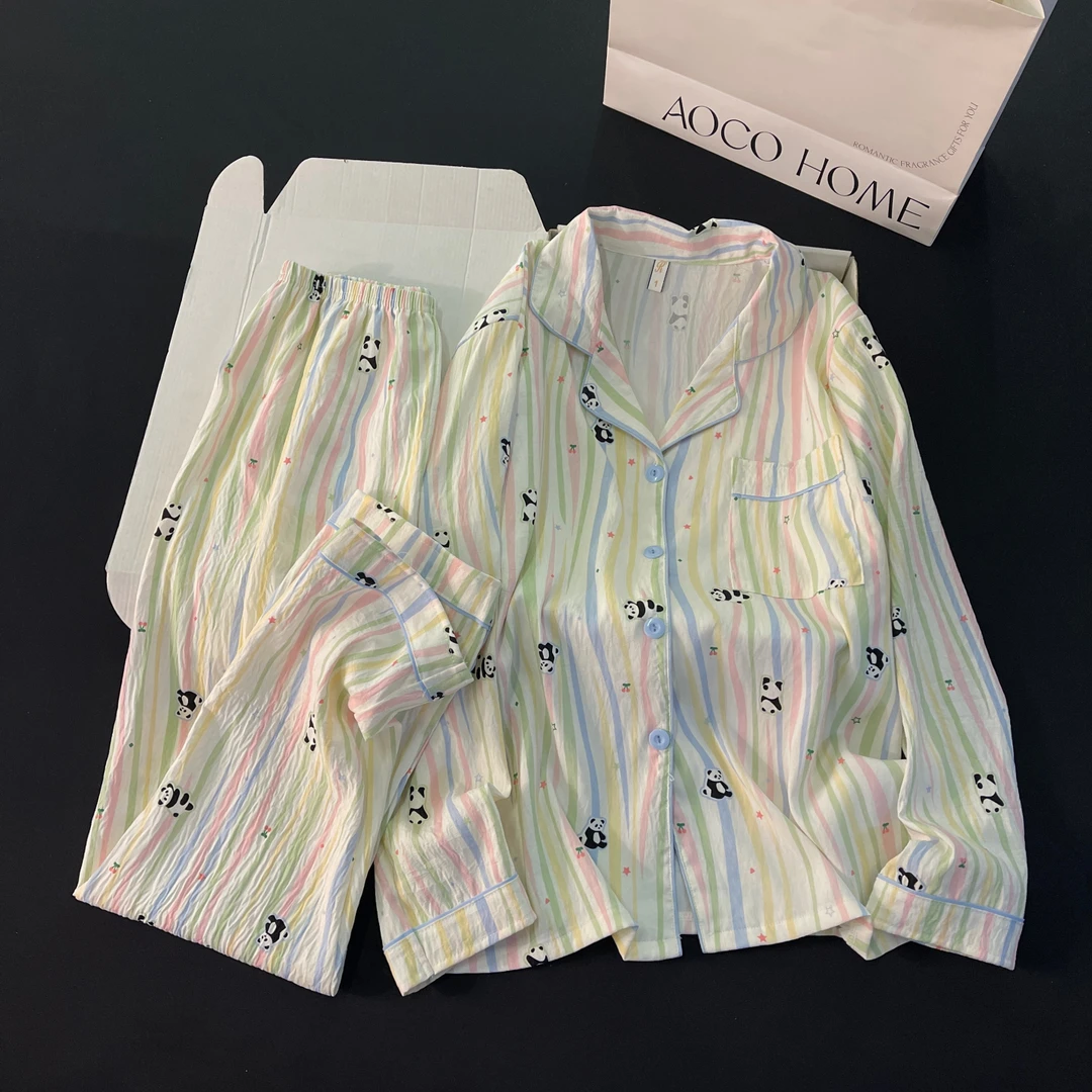 2025新款云朵棉睡衣女春秋季长袖大码开衫彩条熊猫凉感套装家居服