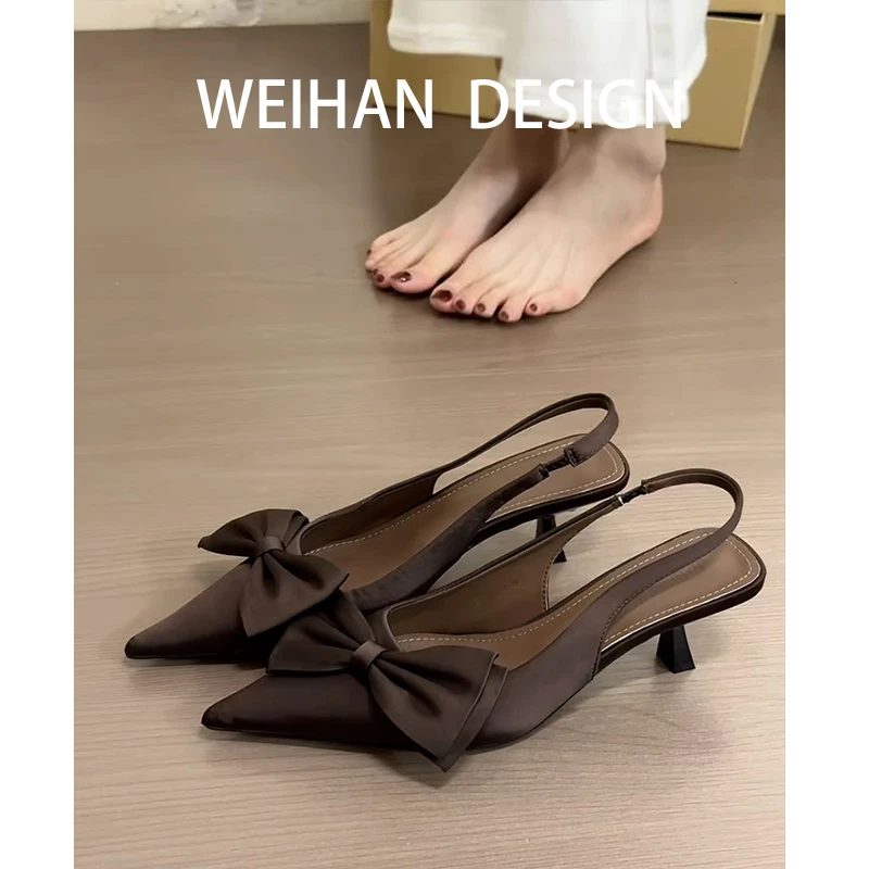 羊皮版！法式尖头蝴蝶结包头凉鞋女细跟浅口高跟鞋一字带后空单鞋