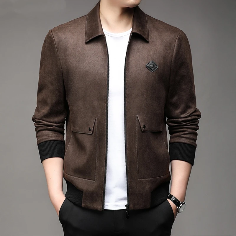 约文库费外套男士春秋款大码翻领潮流中年爸爸装宽松百搭休闲夹克