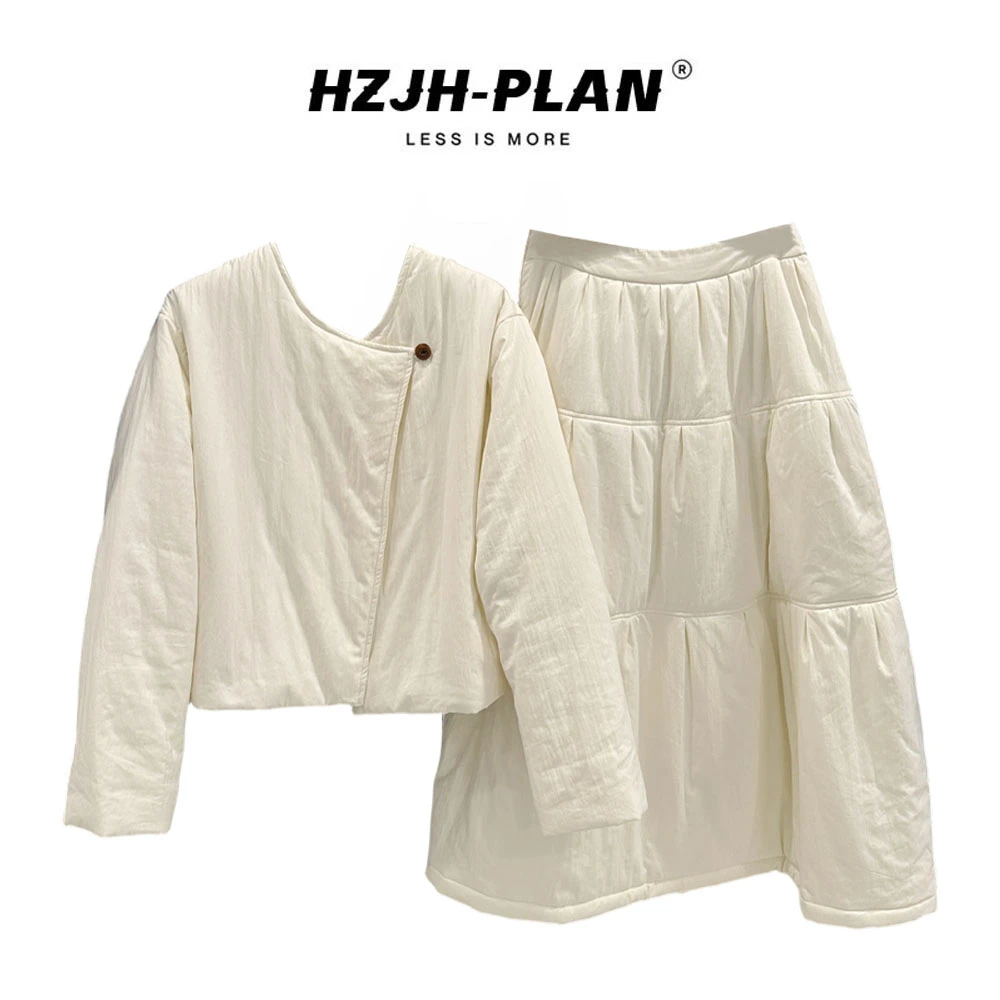 韩系斜襟一粒扣棉服外套女内搭黄色上衣拼接棉裙三件套