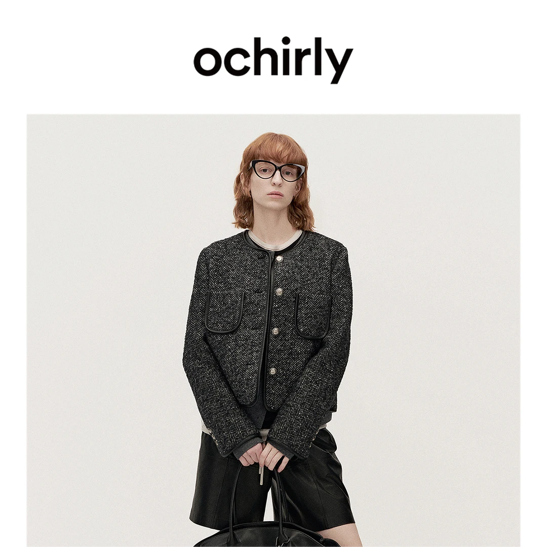 ochirly 澳大利亚羊毛人字呢小香风外套女复古秋冬新品