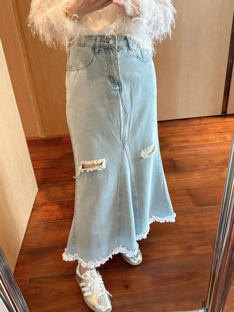 【张静芝】夏季新品  褶皱木耳花边拼接做旧割破设计感牛仔半身裙
