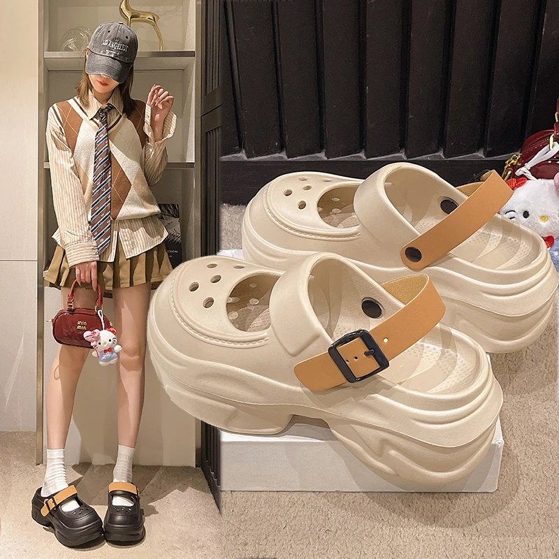 玛丽珍厚底洞洞鞋女夏季2025新款外穿防滑海边沙滩凉鞋包头半拖鞋