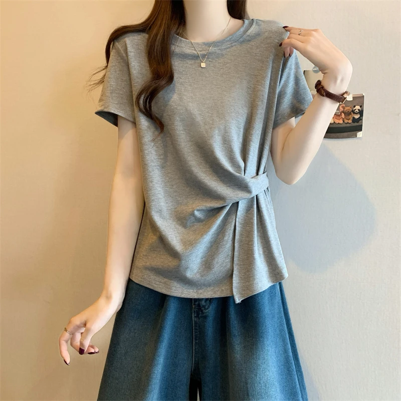 大码女装遮肚子薄款打底衫女夏季胖妹妹显瘦洋气百搭正肩短袖上衣