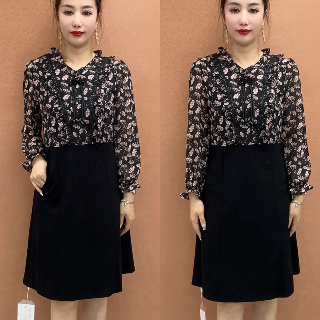 WK新款碎花拼接修身减龄连衣裙