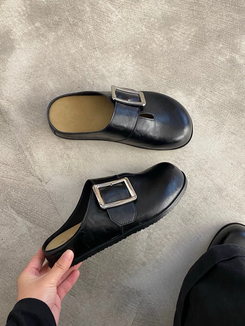 SUSU 【包头拖】春季新款复古金属扣平底一脚蹬勃肯半拖