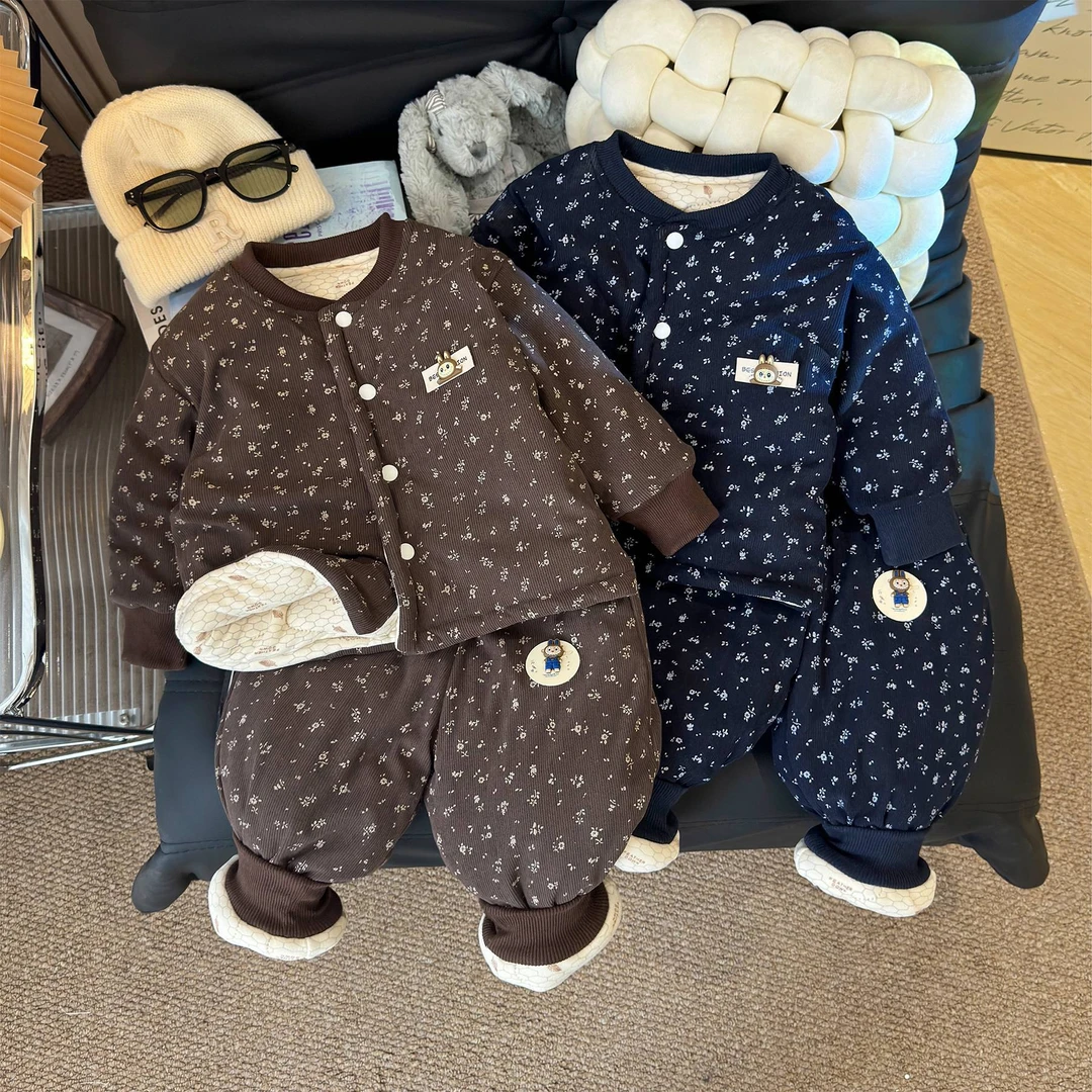 男女童冬季加绒套装洋气男女宝宝保暖加厚高领外套裤子棉服两件套