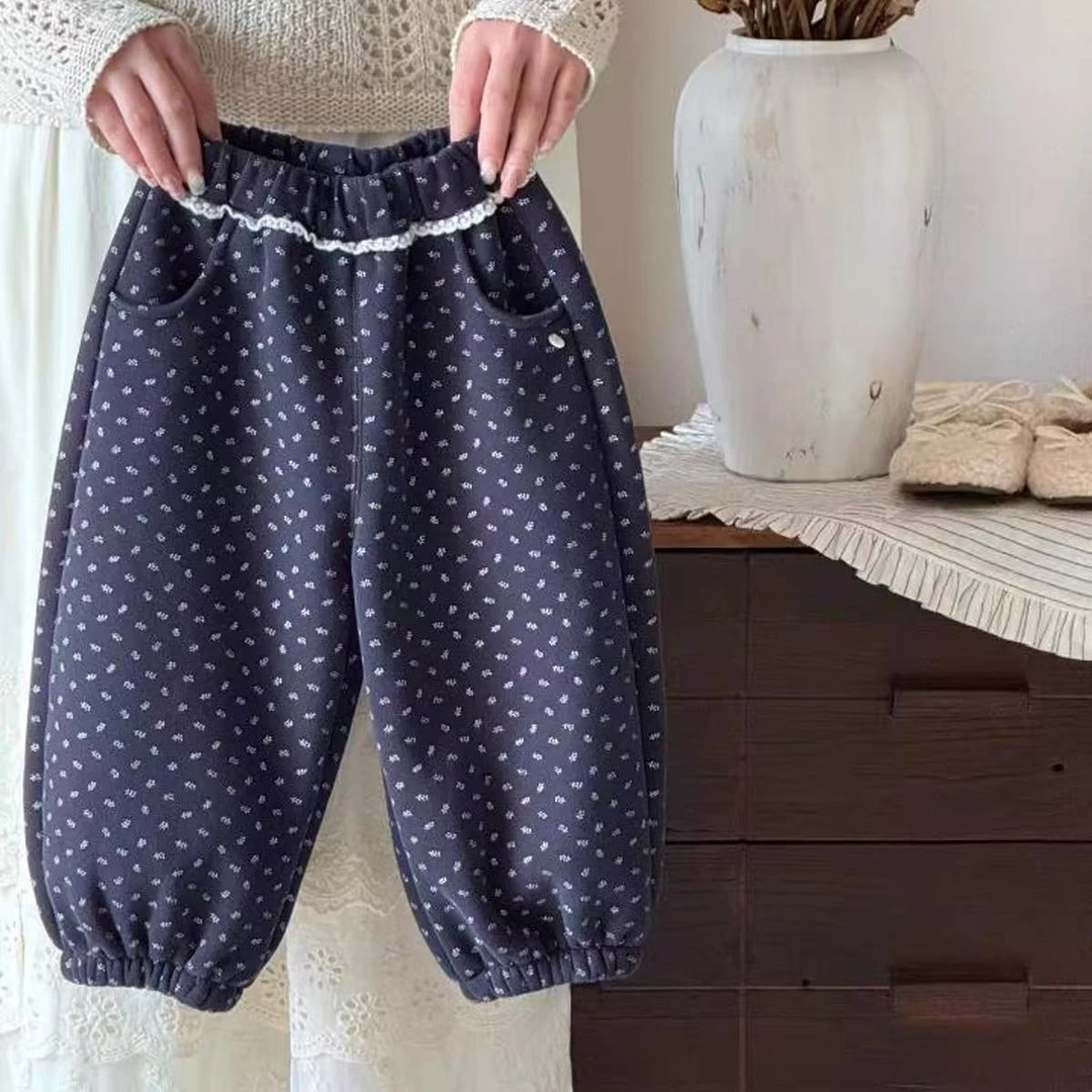女童裤子2025新款秋冬儿童好看花边碎花束腿裤女孩时髦休闲裤